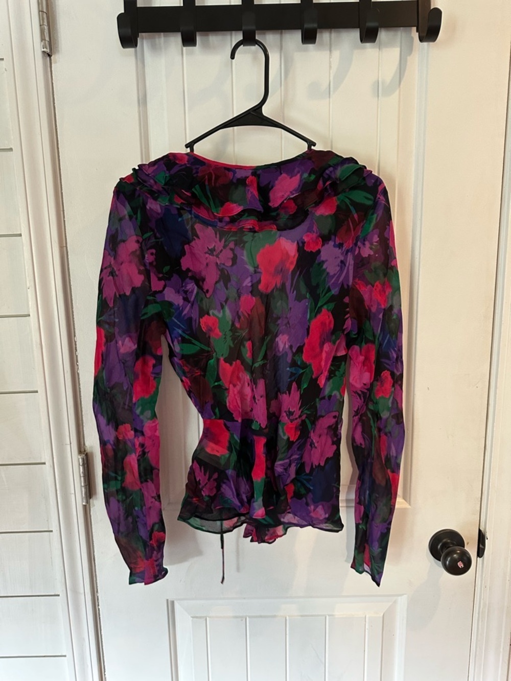 J. Crew Vibrant Floral Ruffle Wrap Blouse in Purple, Green, Pink romantic fairy - Picture 7 of 7